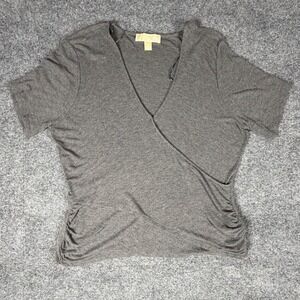 Michael Kors Womens XL Gray Ribbed Surplice Wrap Top Short Sleeve Ruched Blouse